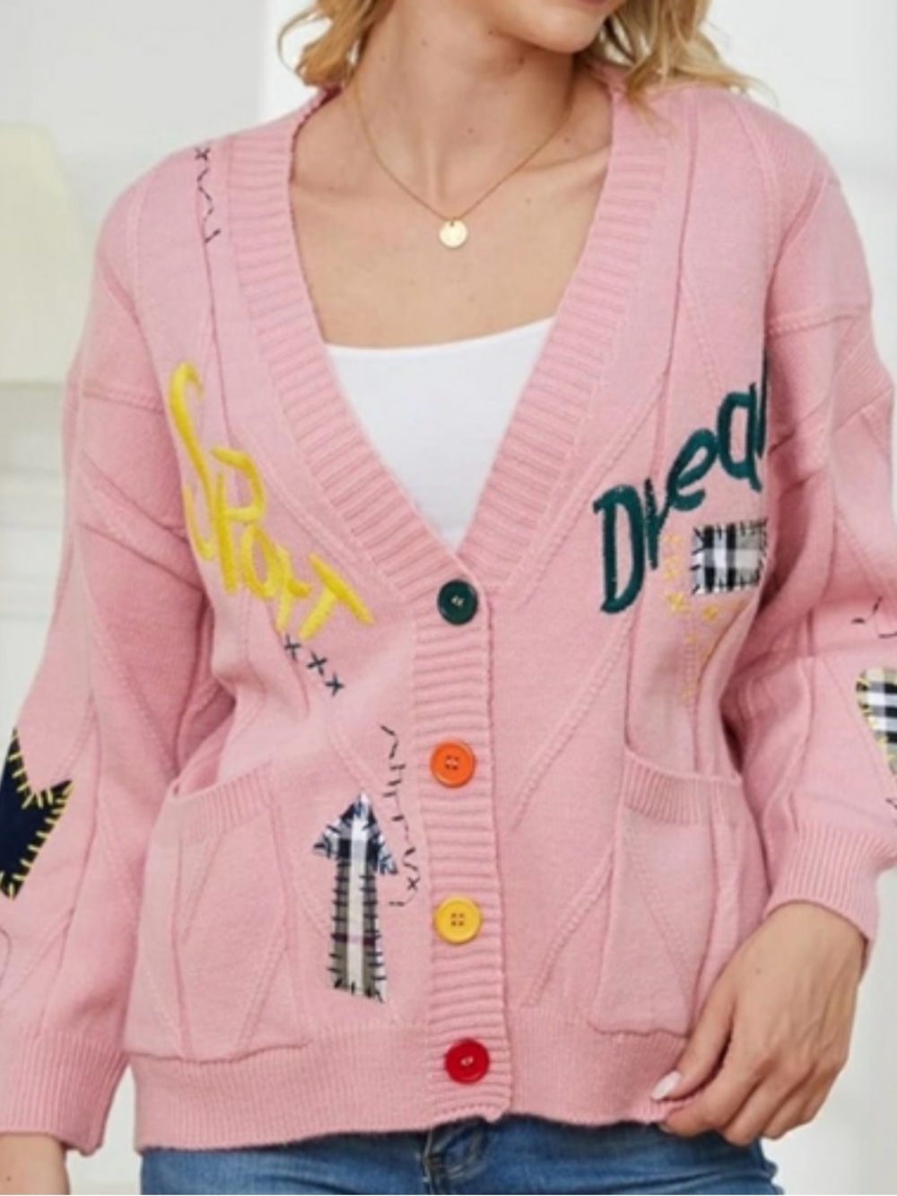 Ebossy NWT Pink Oversized Patchwork Button Cardigan Sweater PTP 26”